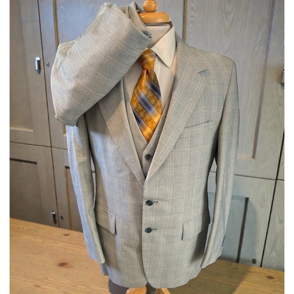 True Vintage Palm Beach Blue Plaid Men's 3pc Suit 42L 38x33 USA Made Jacket Vest